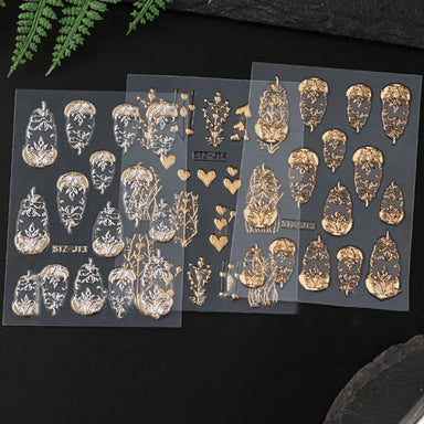NSI Australia Baroque Nail Art Stickers STZ-J13 & STZ-J14 – gold and silver ornate floral decals on clear sheets for gel or acrylic nails