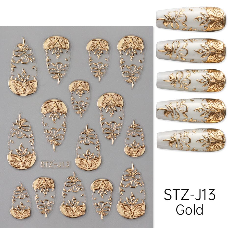 NSI Australia Baroque Nail Art Sticker STZ-J13 Gold – ornate filigree floral full-nail decals, self-adhesive for gel or acrylic nails, with sample designs shown