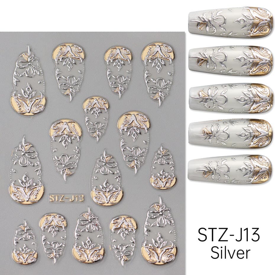 NSI Australia Baroque Nail Art Sticker STZ-J13 Silver – ornate filigree floral full-nail decals with gold accents, self-adhesive for gel or acrylic nails, sample designs shown