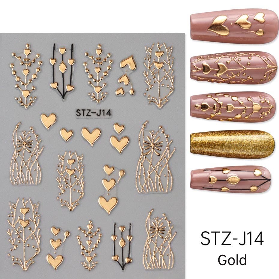 NSI Australia Baroque Nail Art Sticker STZ-J14 Gold – ornate floral & heart decals with sample nails, self-adhesive for gel or acrylic