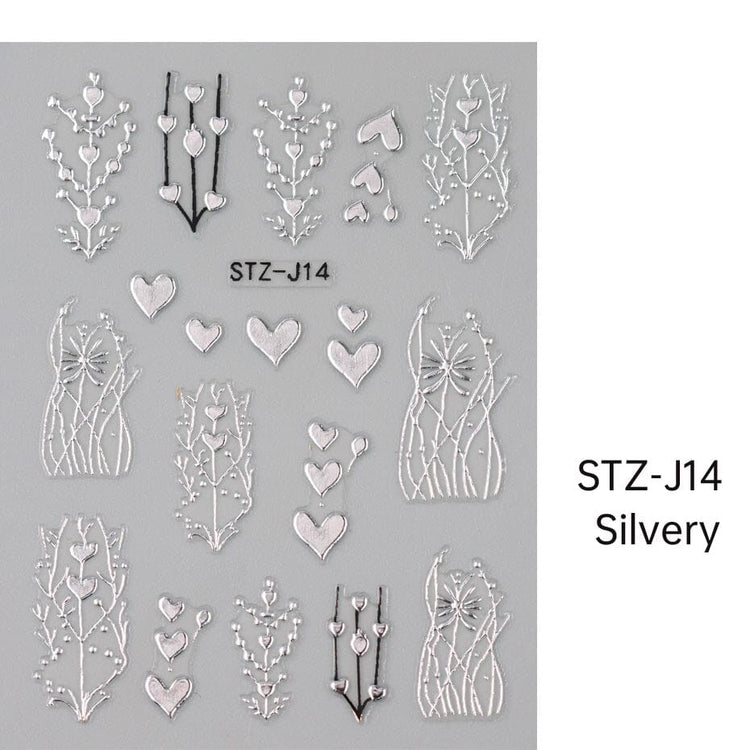NSI Australia Baroque Nail Art Sticker STZ-J14 Silver – ornate floral and heart decals, self-adhesive for gel or acrylic nails
