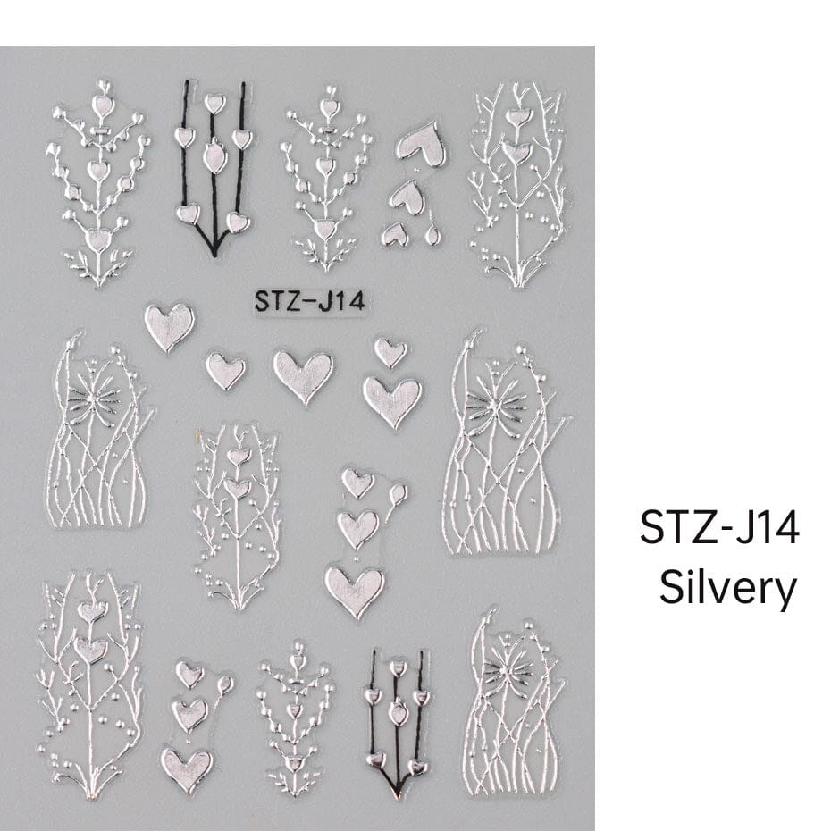 NSI Australia Baroque Nail Art Sticker STZ-J14 Silver – ornate floral and heart decals, self-adhesive for gel or acrylic nails