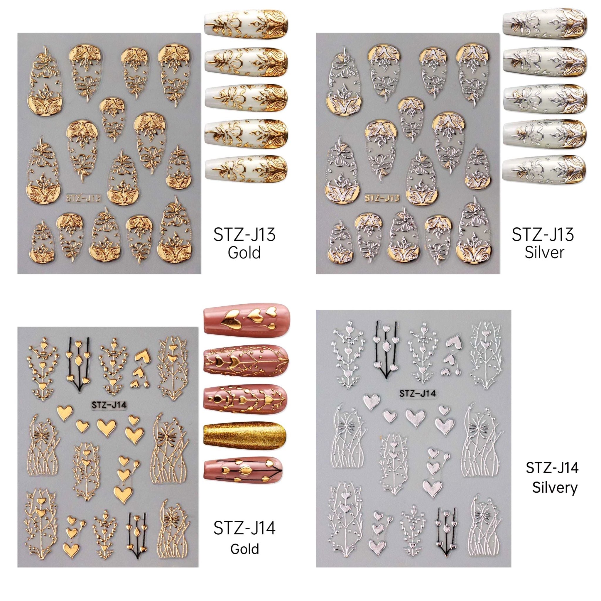 NSI Australia Baroque Nail Art Stickers – 4 pack (STZ-J13 Gold & Silver, STZ-J14 Gold & Silver) ornate floral and heart decals with sample nails