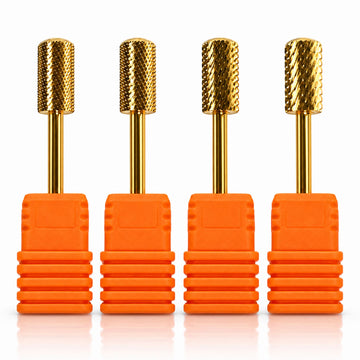 Barrel smooth top carbide nail drill bit, four different grits, gold-coloured with orange plastic collars