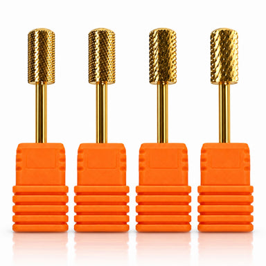 Four hight quality gold-coloured metal drill bits with different head grits and orange plastic collars.