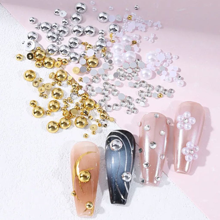 silver metal studs, white pearls and clear crystals for 3D manicures