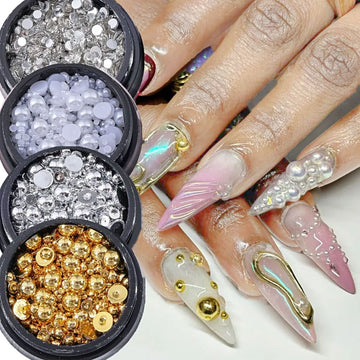 NSI Australia nail art pearls, beads & rhinestones set — gold/silver metal studs, white pearls and clear crystals with 3D stiletto nail designs