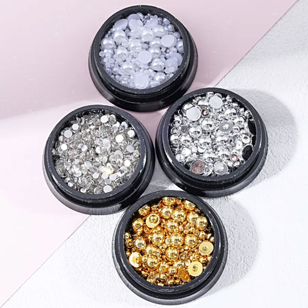 NSI Australia nail art decoration set — pack of 4 jars: gold metal beads, silver half-beads, white half pearls & clear rhinestones (mixed sizes)