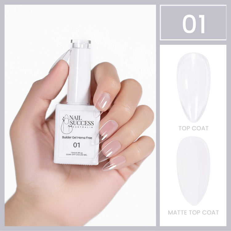 Nail Success HEMA-Free Builder Gel (BIAB) shade 01 Clear—bottle in hand with glossy and matte top-coat swatches