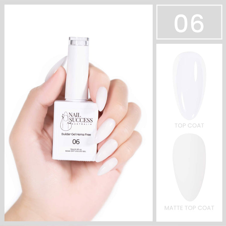 Nail Success HEMA-Free Builder Gel (BIAB) 06 Milky White—bottle in hand with glossy and matte swatches
