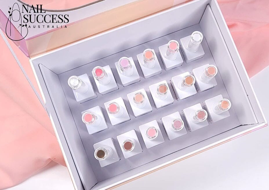Nail Success BIAB Builder Gel HEMA-Free—open box showing multiple bottles and shades from milky white to pink and nude