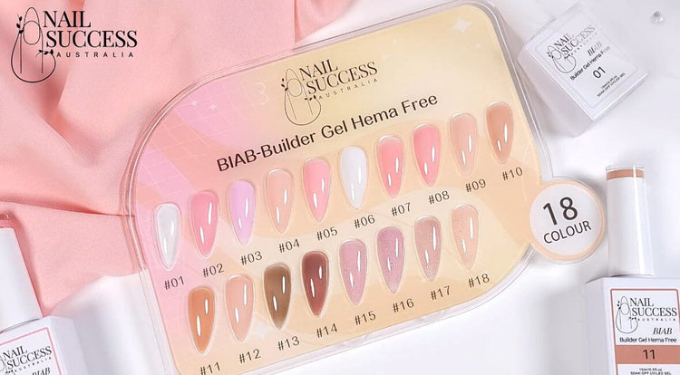 Nail Success BIAB Builder Gel HEMA-Free — 18-colour swatch board of nude and pink shades with product bottles