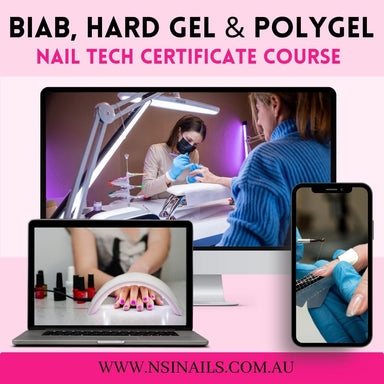 BIAB hard gel and polygel nail tech certificate course online with laptop, desktop, and mobile nail training lessons