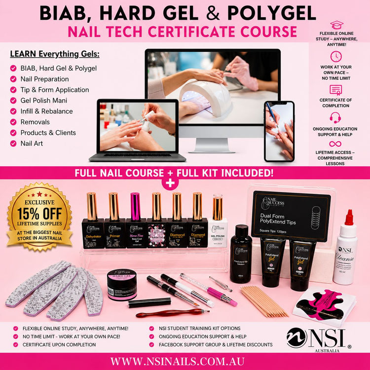 BIAB, hard gel and polygel nail tech certificate course with flexible online training, certificate of completion and full professional gel nail kit included