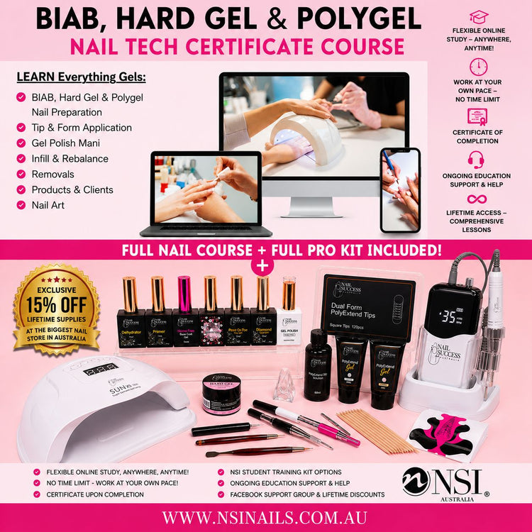 BIAB, hard gel and polygel nail tech certificate course with flexible online training, full professional gel pro kit, UV LED lamp, e-file and nail products included