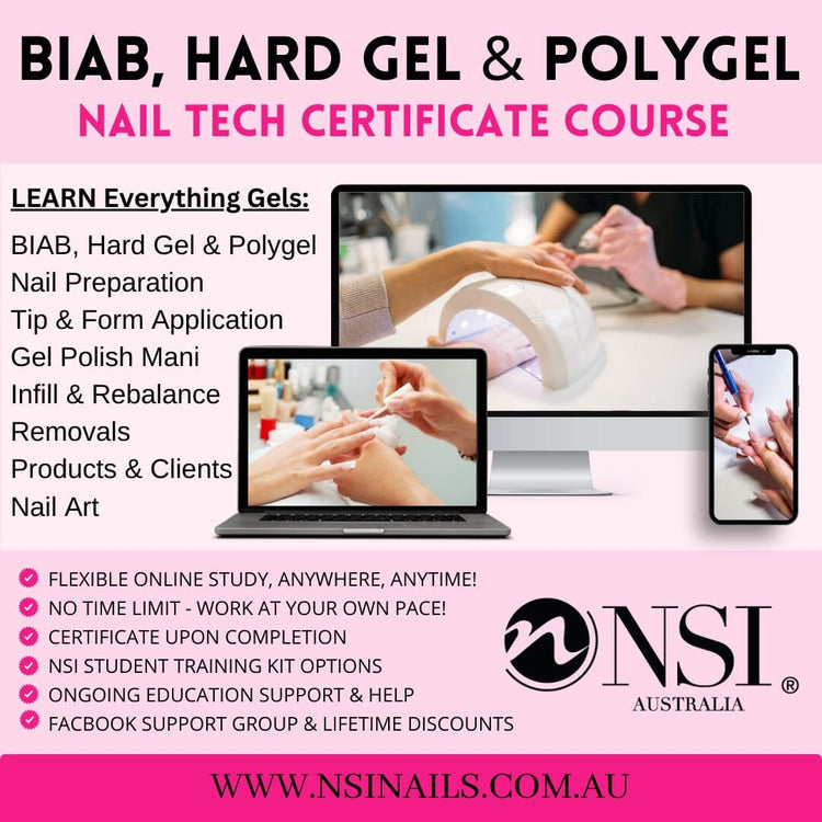 BIAB, hard gel and polygel nail tech certificate course online with lessons in nail preparation, tip and form application, gel polish, infills, removals and nail art