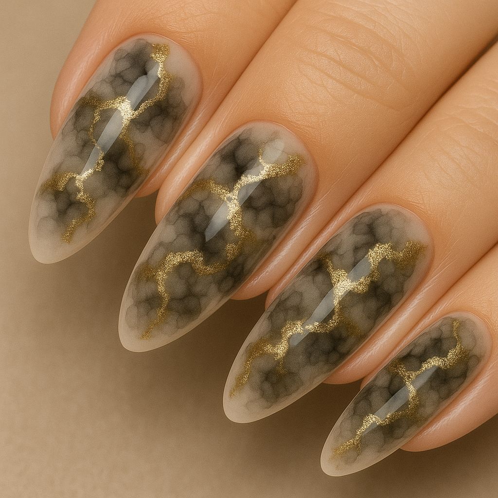 NSI Blooming Gel smoke-marble almond nails with gold kintsugi veins — glossy nail art close-up on hand, neutral beige background