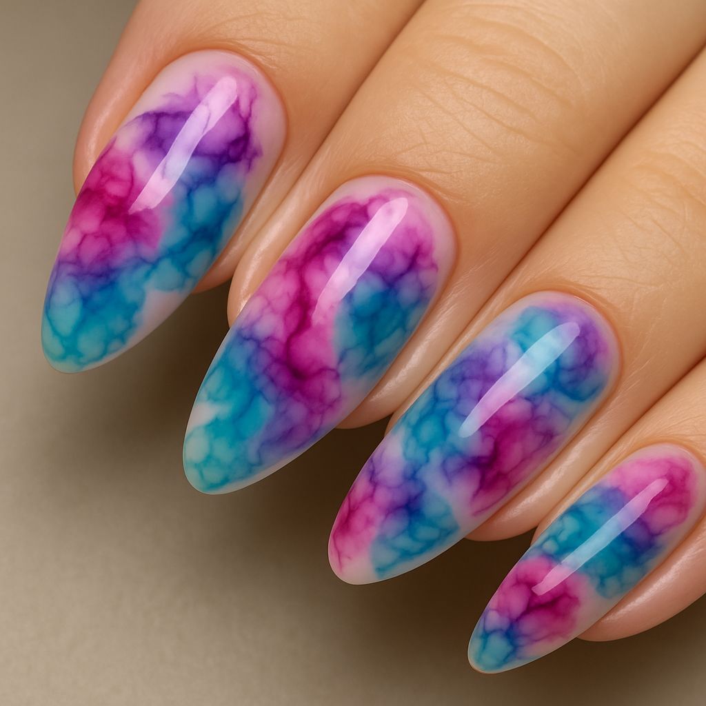 NSI Blooming Gel watercolor marble almond nails — glossy pink, purple and teal gradient smoke effect close-up on hand