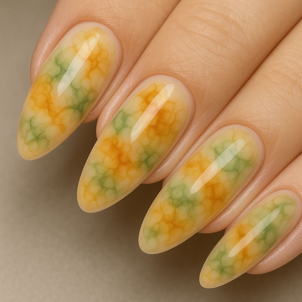 NSI Blooming Gel marble nail art — glossy almond nails in yellow, orange and green smoke effect, close-up on hand