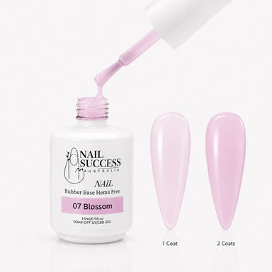Blossom Rubber Base Gel - open bottle with brush and swatches