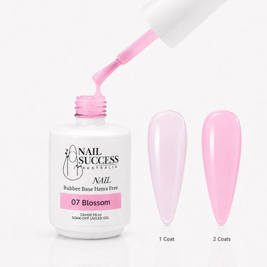 Blossom Rubber Base Gel - open bottle with brush and swatches