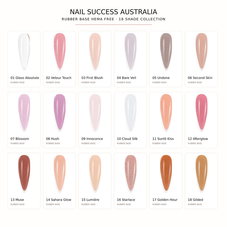 Nail Success Rubber Base Gel HEMA Free - 18 shade collection chart