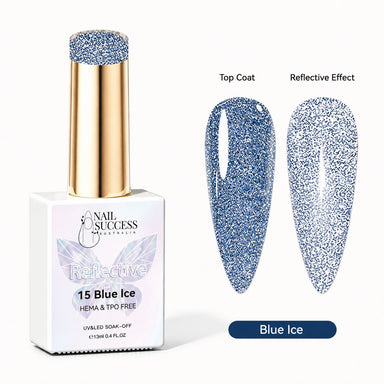 Blue Ice HEMA- and TPO-free reflective blue glitter gel polish with top coat and reflective-effect swatches – Nail Success Australia