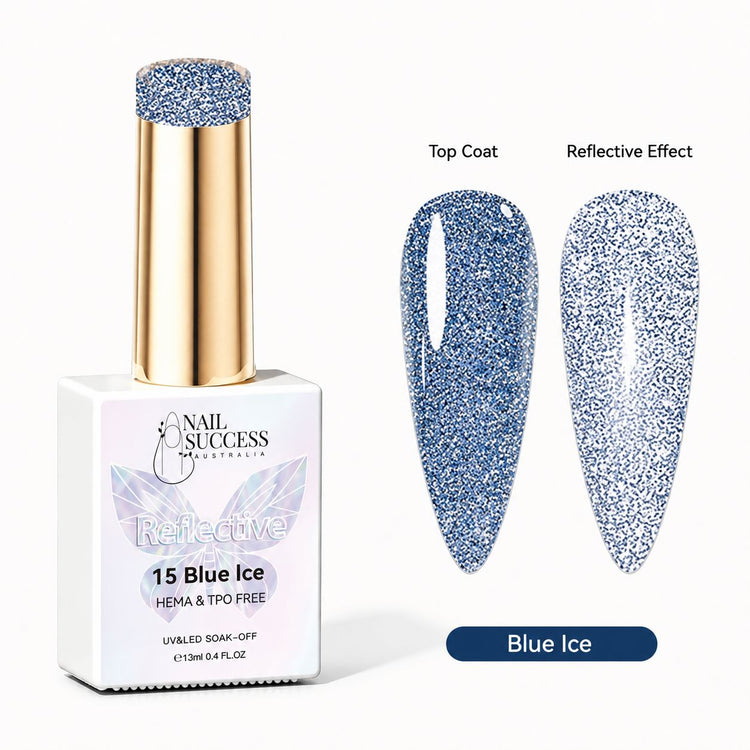 Blue Ice HEMA- and TPO-free reflective blue glitter gel polish with top coat and reflective-effect swatches – Nail Success Australia