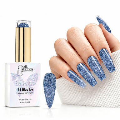 Blue Ice HEMA- and TPO-free reflective blue glitter gel polish with matching manicure – Nail Success Australia