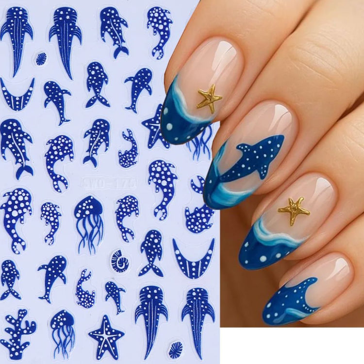 Nail Success Australia SWO-175 blue ocean nail art stickers shown with whale shark manicure design and gold starfish accents
