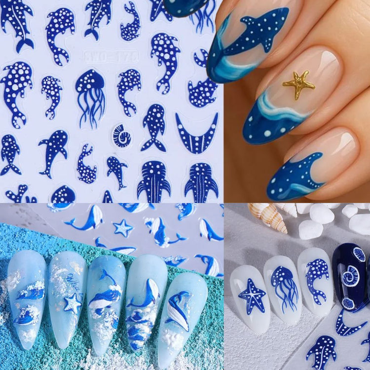 Nail Success Australia blue whale nail art stickers with ocean animal designs and blue sea-themed manicure examples