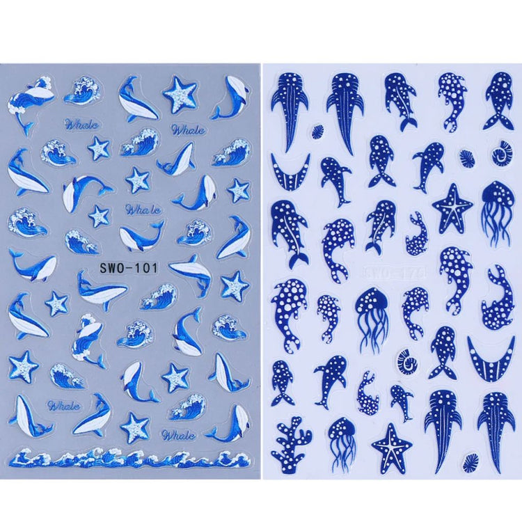 Nail Success Australia blue whale ocean nail art sticker pack with two sheets featuring whales, whale sharks, jellyfish, starfish and wave designs
