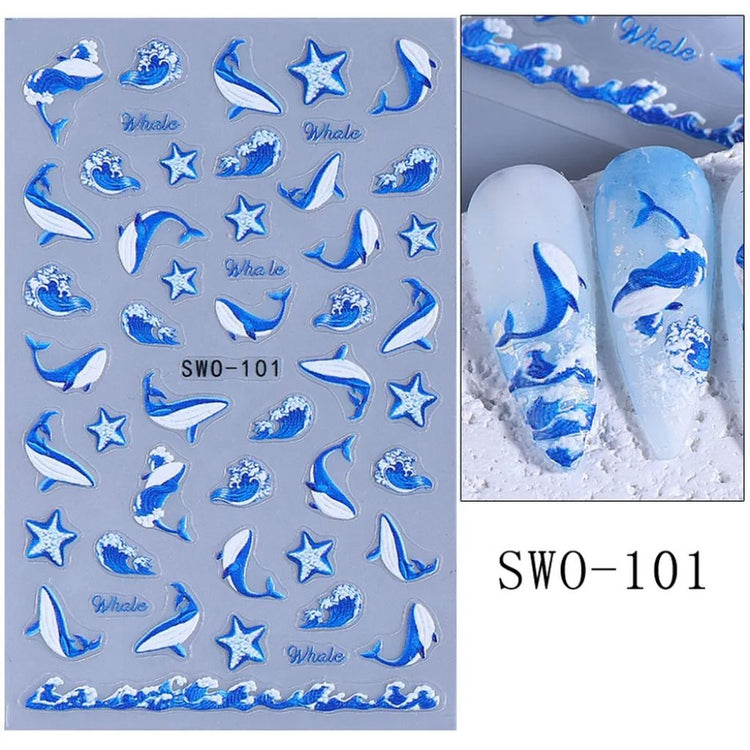 Nail Success Australia SWO-101 blue whale nail art stickers with whale, wave, starfish and sample ocean manicure designs