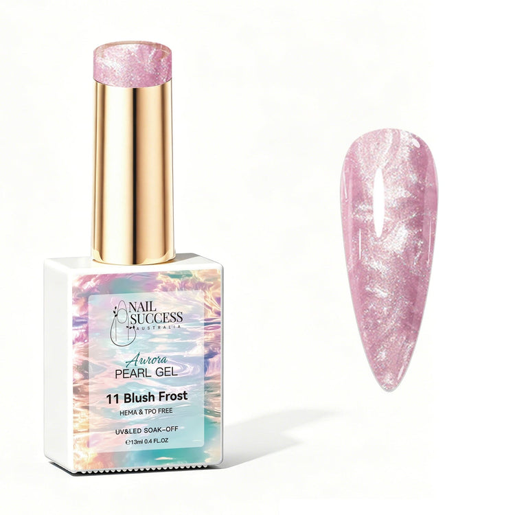 Blush Frost Aurora Pearl Gel Polish with pink pearl shimmer swatch and glossy nail finish