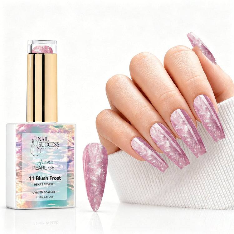 Blush Frost aurora pearl gel polish with soft pink pearl shimmer swatch and matching manicure for HEMA and TPO free salon nails