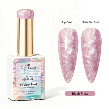 Blush Frost Aurora Pearl Gel Polish with pink pearl shimmer swatches in top coat and matte finish