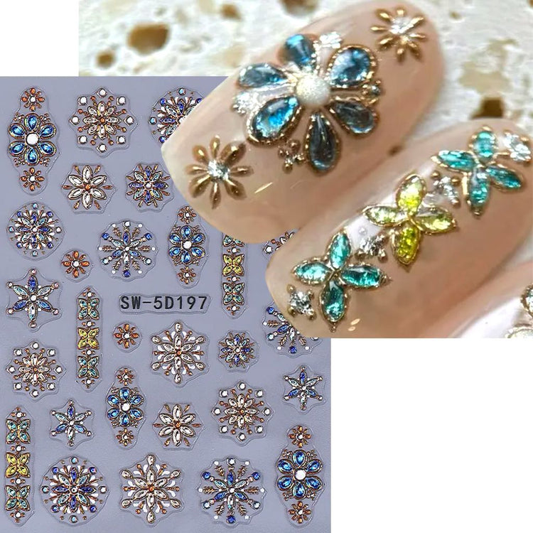 Bohemian 5D gemstone embossed nail art stickers with blue crystal floral designs shown on nude manicure for luxury salon nail decorations