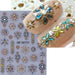 Bohemian 5D gemstone embossed nail art stickers with blue crystal floral designs shown on nude manicure for luxury salon nail decorations