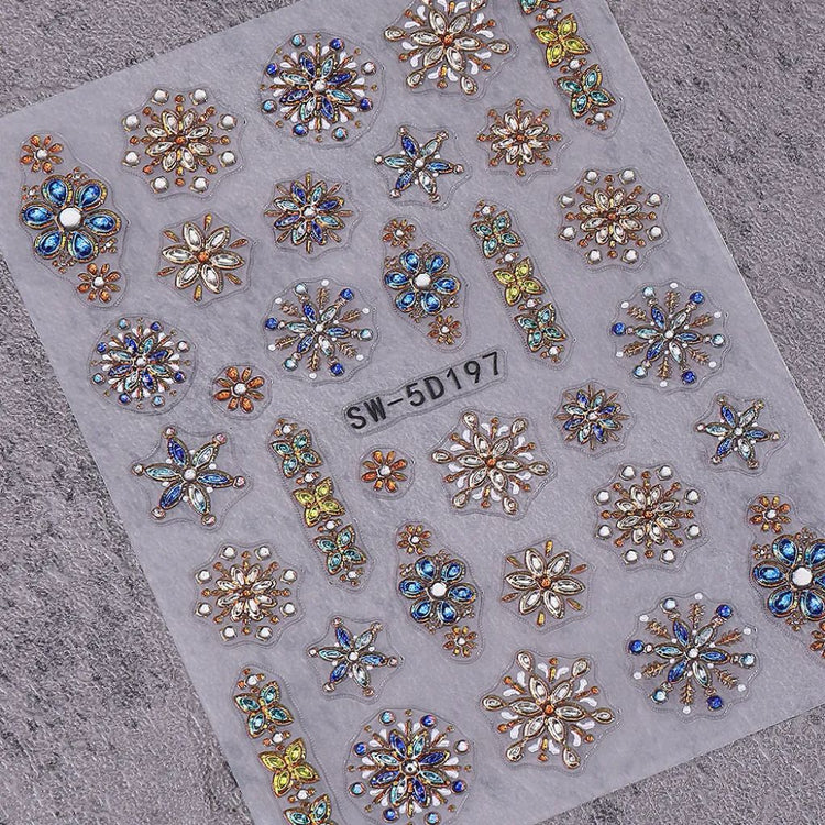 Bohemian 5D gemstone embossed nail art stickers with floral and butterfly designs for luxury salon manicure decorations