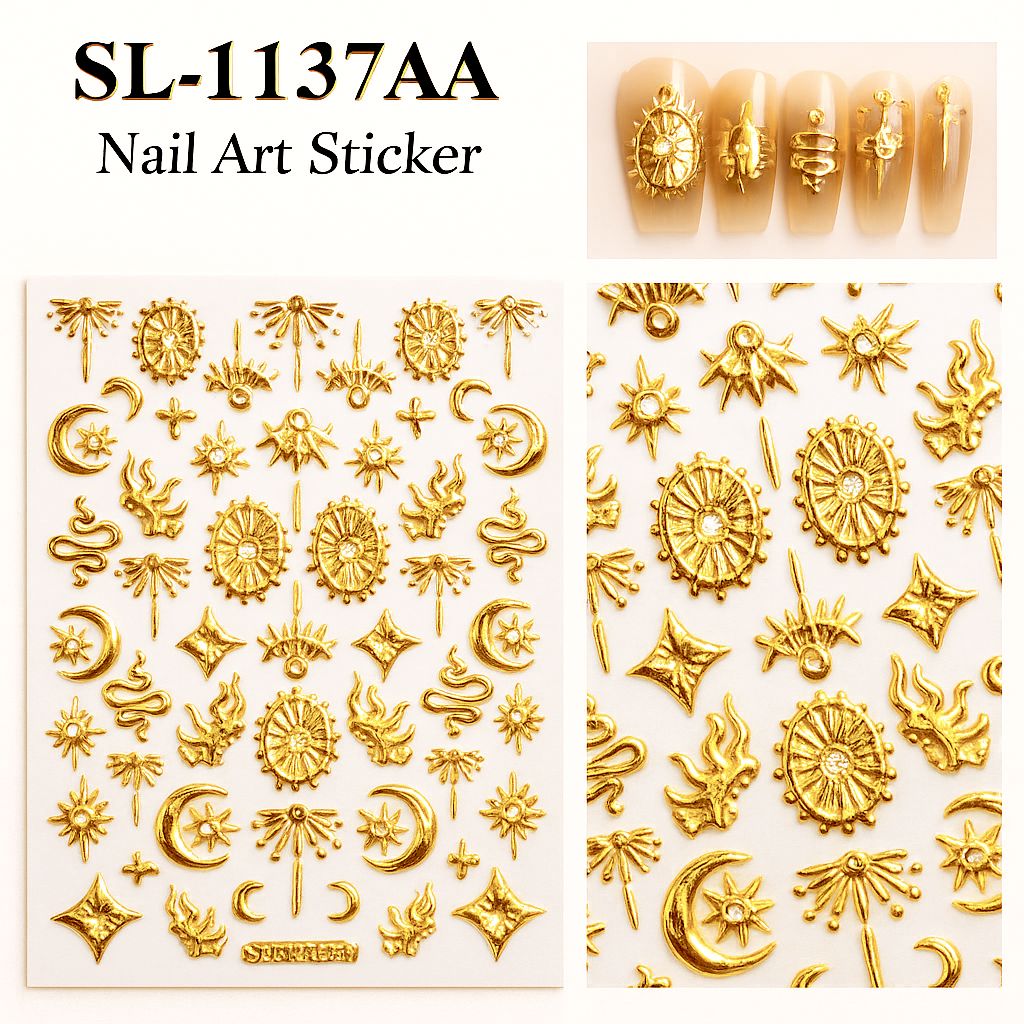 NSI Australia Boho Nail Art Stickers SL-1137AA – gold 3D metallic celestial decals (moons, suns, stars, snakes, eyes) for gel or acrylic nails