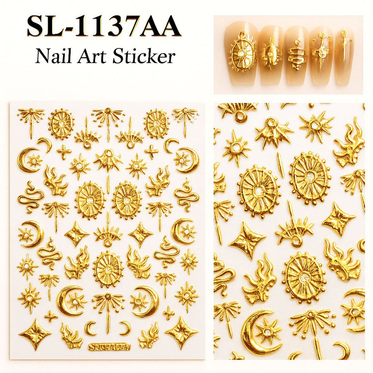 NSI Australia Boho Nail Art Stickers SL-1137AA – gold 3D metallic celestial decals (moons, suns, stars, snakes, eyes) for gel or acrylic nails