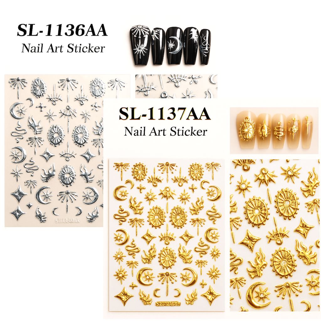 NSI Australia Boho Nail Art Stickers – 2-pack gold SL-1137AA and silver SL-1136AA 5D metallic celestial decal sheets for gel or acrylic nails