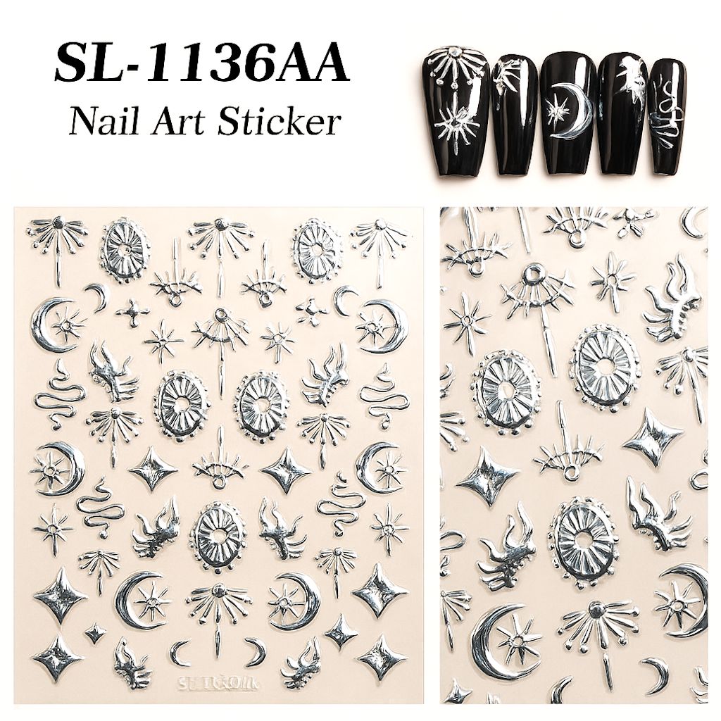 NSI Australia Boho Nail Art Stickers SL-1136AA — silver 5D metallic celestial decals sheet (moons, suns, stars, snakes, eyes) for gel or acrylic nails