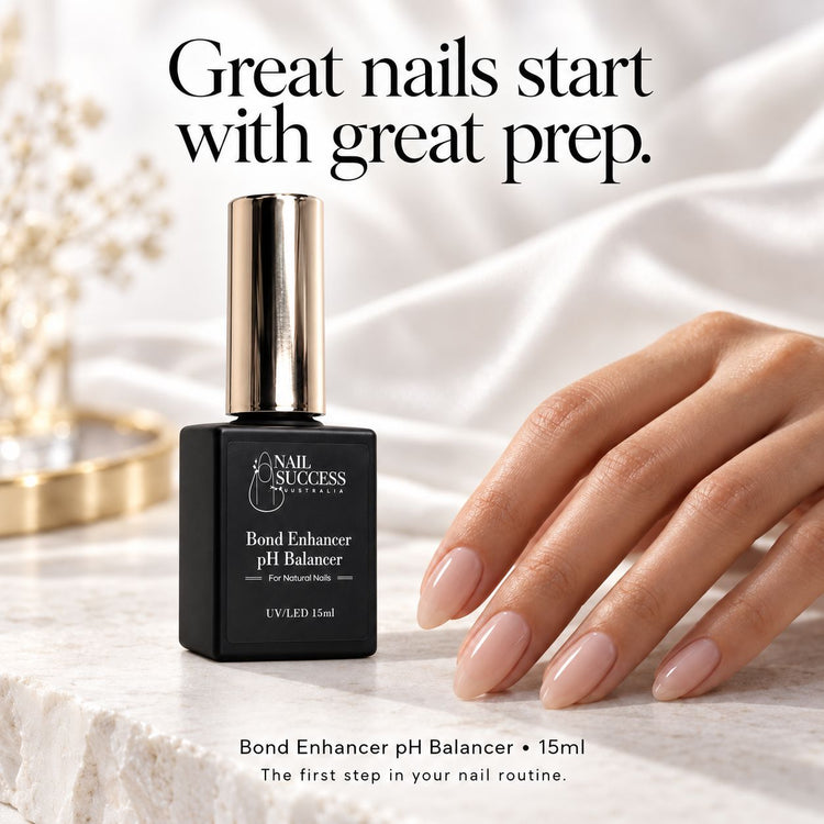 Bond Enhancer pH Balancer beside a natural manicure: great nails start with great prep