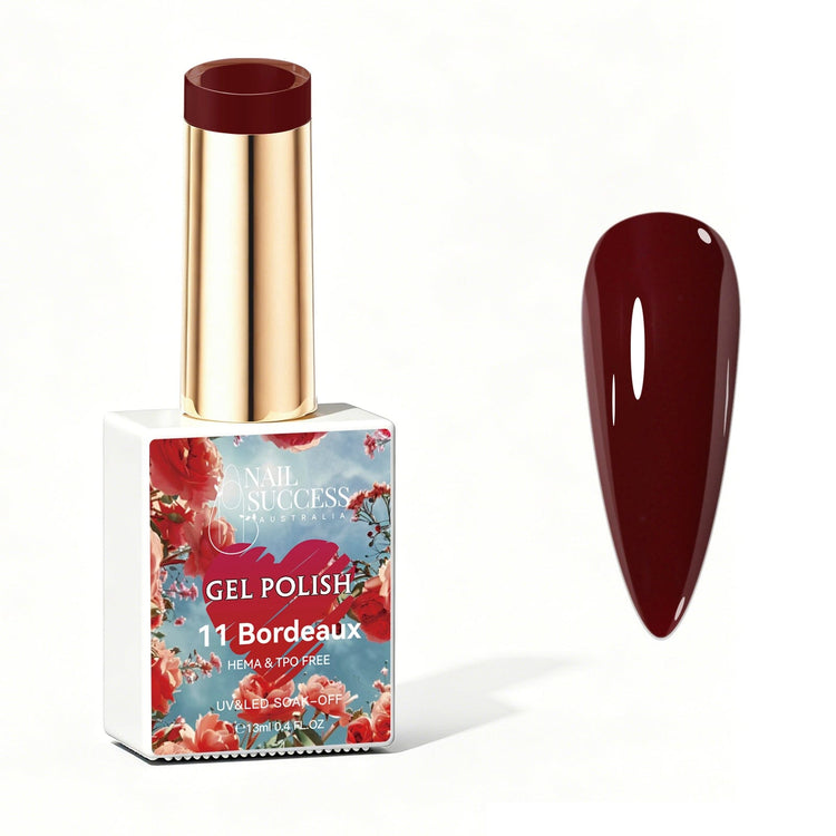 Nail Success Australia Bordeaux deep burgundy gel polish bottle with glossy nail colour swatch