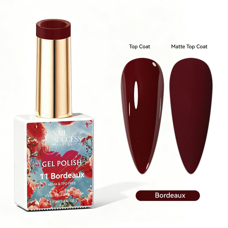 Nail Success Australia Bordeaux burgundy gel polish with glossy and matte nail colour swatches