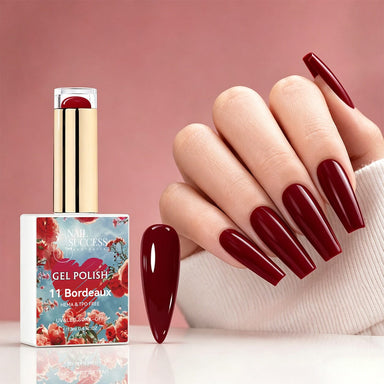 NSI Australia Bordeaux deep burgundy gel polish with glossy manicure and swatch, shade 11
