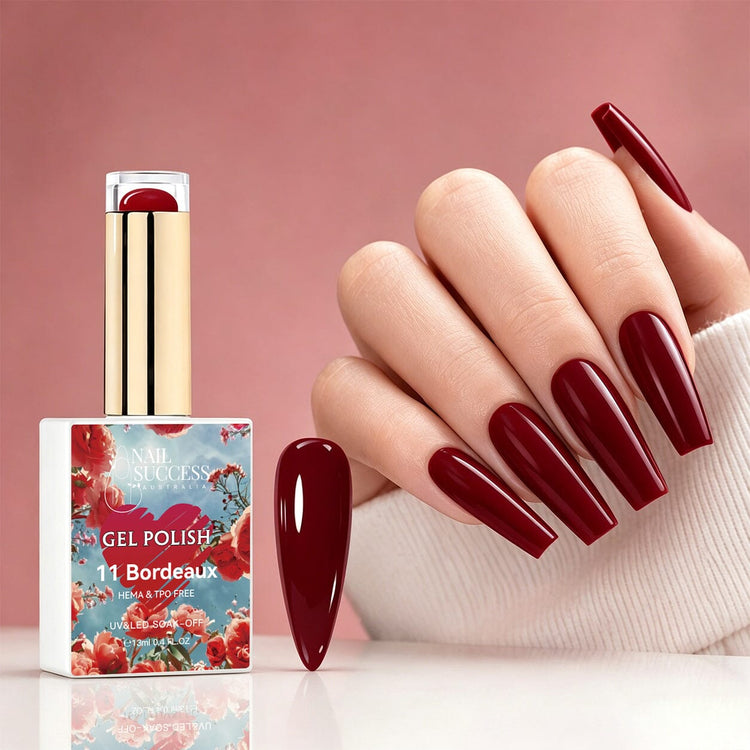 NSI Australia Bordeaux deep burgundy gel polish with glossy manicure and swatch, shade 11