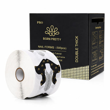 Born Pretty Pro nail forms, roll of 500 black and gold double thick sculpting forms beside the disperser box