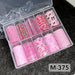 Pink bow and cherry nail transfer foil set with 10 assorted rolls in storage box, featuring floral, ribbon and cherry designs for nail art manicures